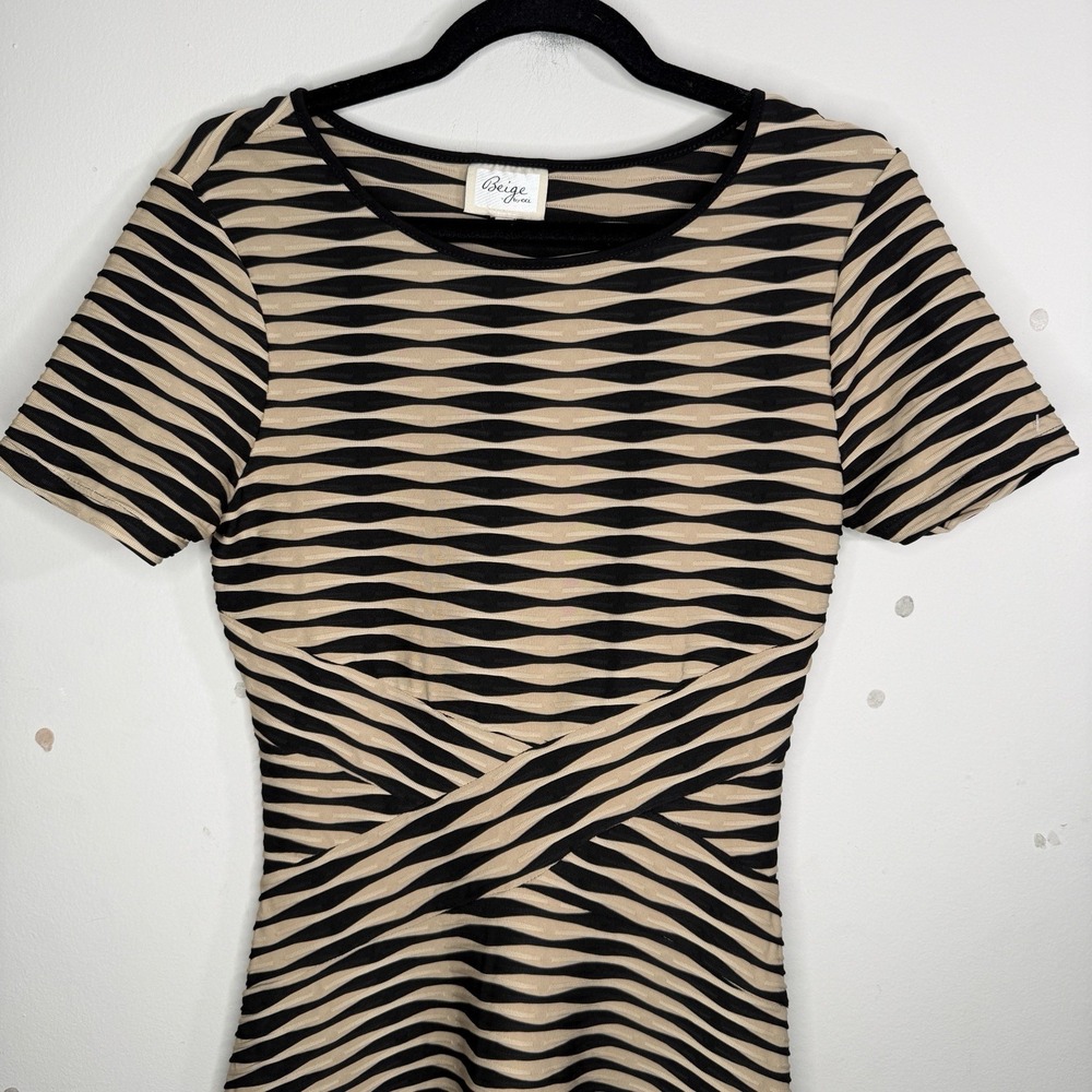 BEIGE by ECI Black & Beige Fit & Flare Stretch Dress Sz L Textured Geometric